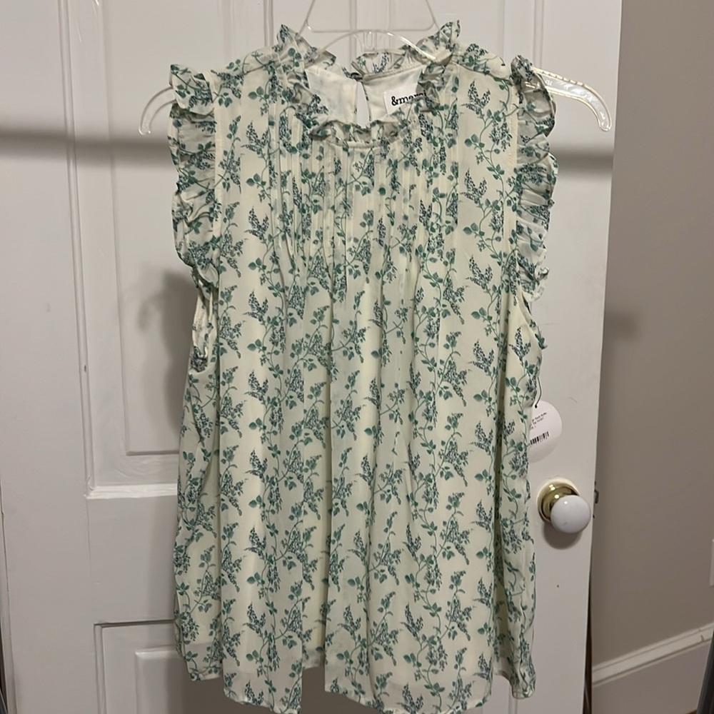 Floral Ruffle Women's Top - Green and Cream - Picture 14 of 15